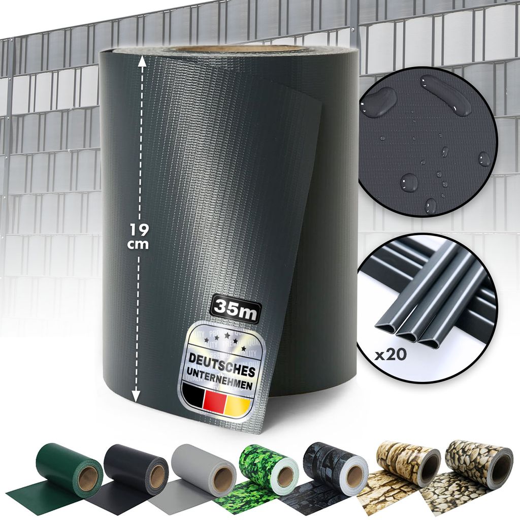 A large roll of dark gray PVC privacy screen is shown, with smaller rolls of different patterns and colors displayed at the bottom. Insets show a close-up of the material with water droplets and a bundle of clips.