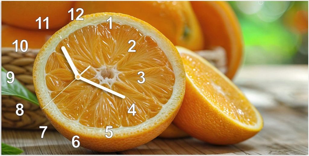 Wanduhr aus Glas mit Motiv Frische Orangen- 60 x 30 cm - inkl. Aufhängesystem