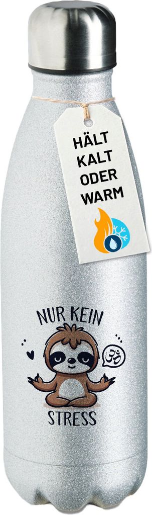 Huuraa Trinkflasche Nur keinen Stress Yoga Faultier 500ml Silver Edelstahl Wasserflasche Trinkflasche Geschenkidee