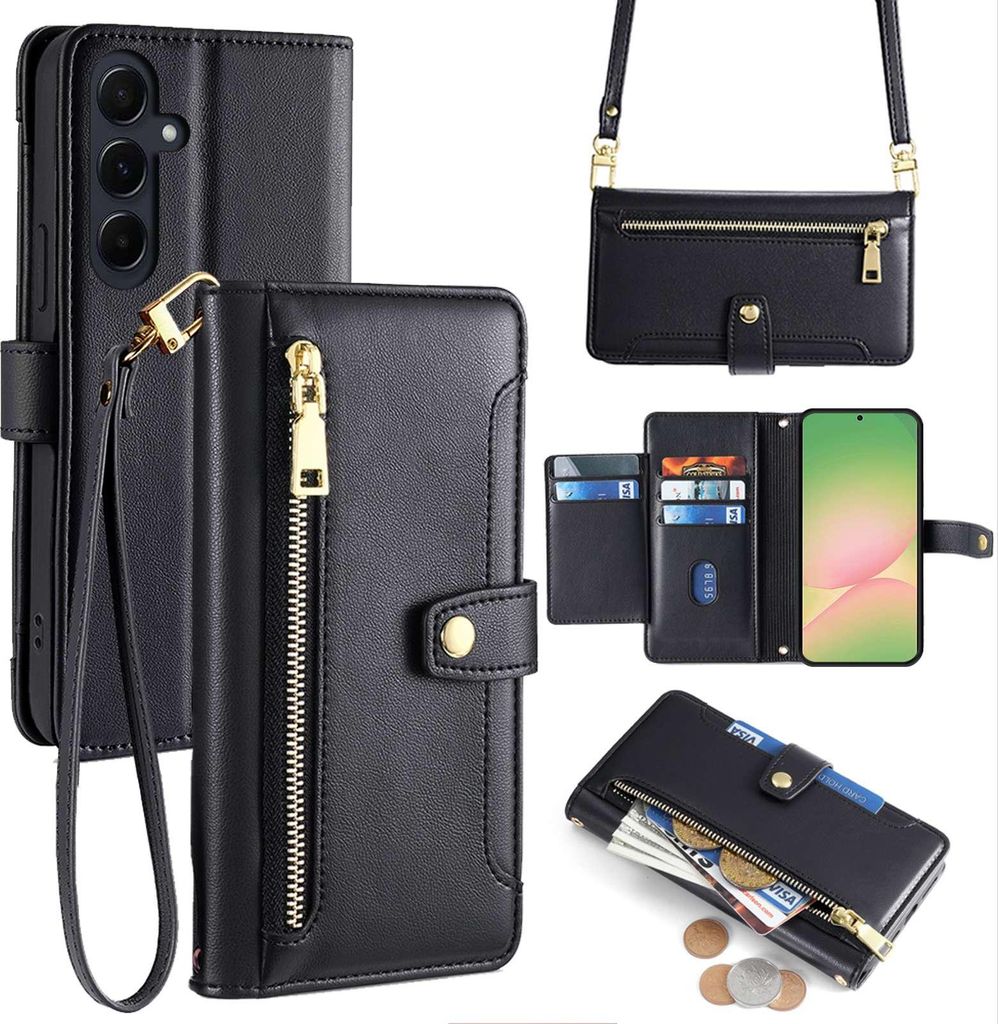 A collage of images showing a black leather wallet phone case with a wrist strap and a crossbody strap, as well as close-ups of its card slots and zippered pocket.