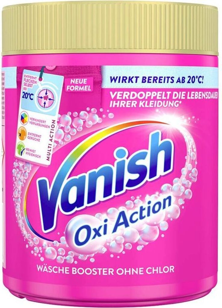 A product shot of a Vanish Oxi Action laundry booster powder container.