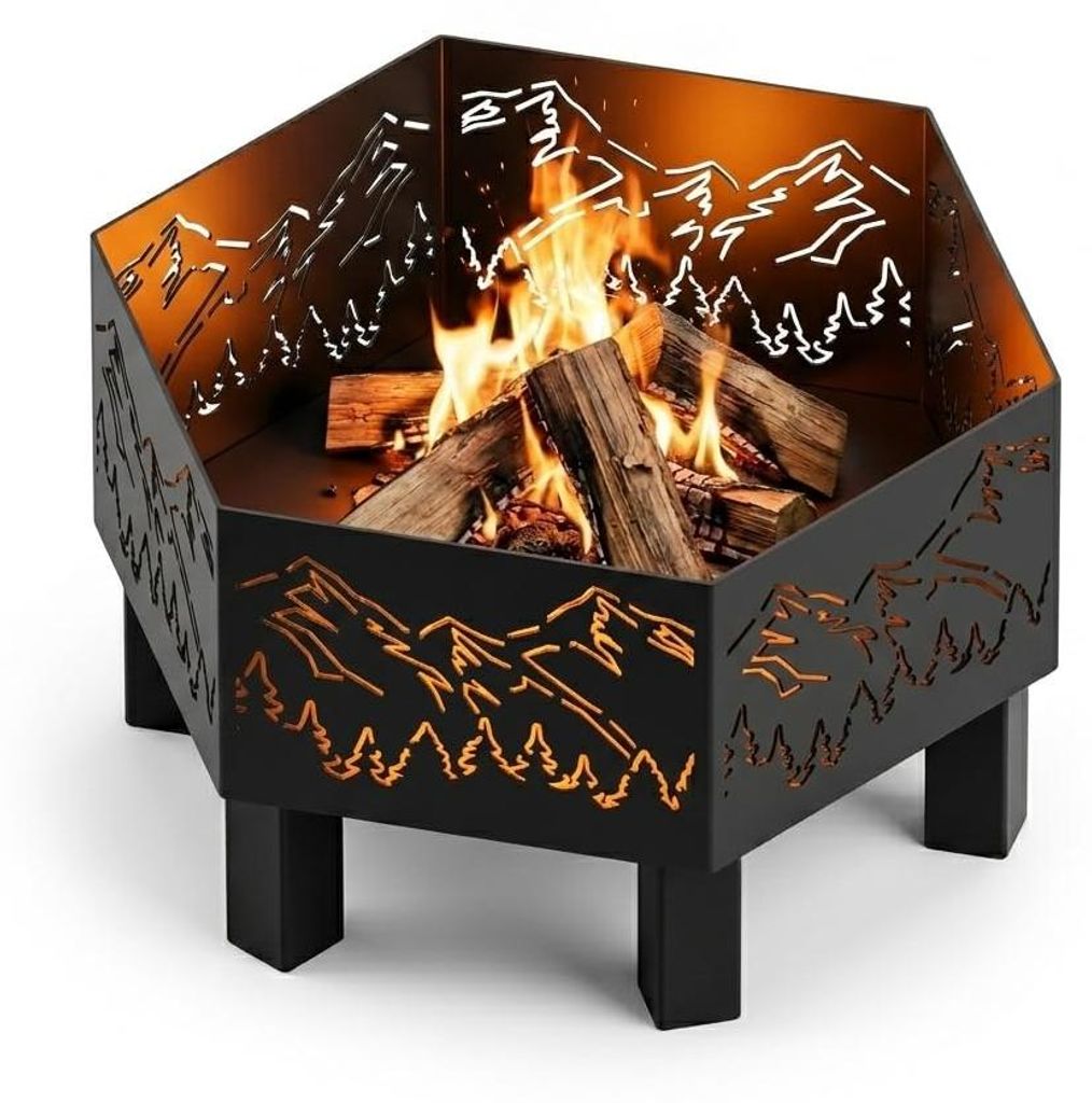 MetaloPro Hexa Gipfel Feuerschale sechseckig – Feuerstelle Garten 70 cm, 3 mm Stahl geschweißt, Lasercut Bergkamm-Motiv, schwarz pulverbeschicht...