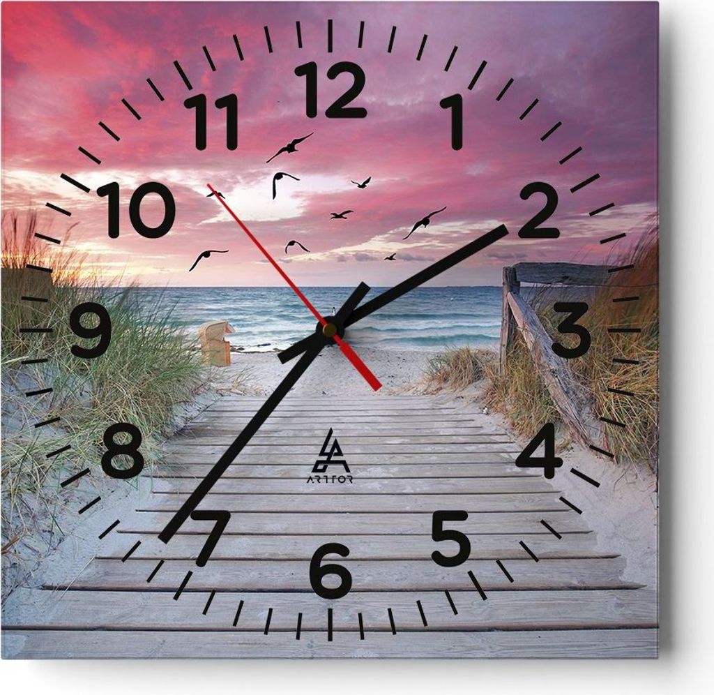 Wanduhr - Quadrat - Glasuhr - Strand Sand Vögel - 40x40cm - Schleichendes Uhrwerk - Lautlos - zum Aufhängen bereit - Dekoration Modern - Wanddeko...