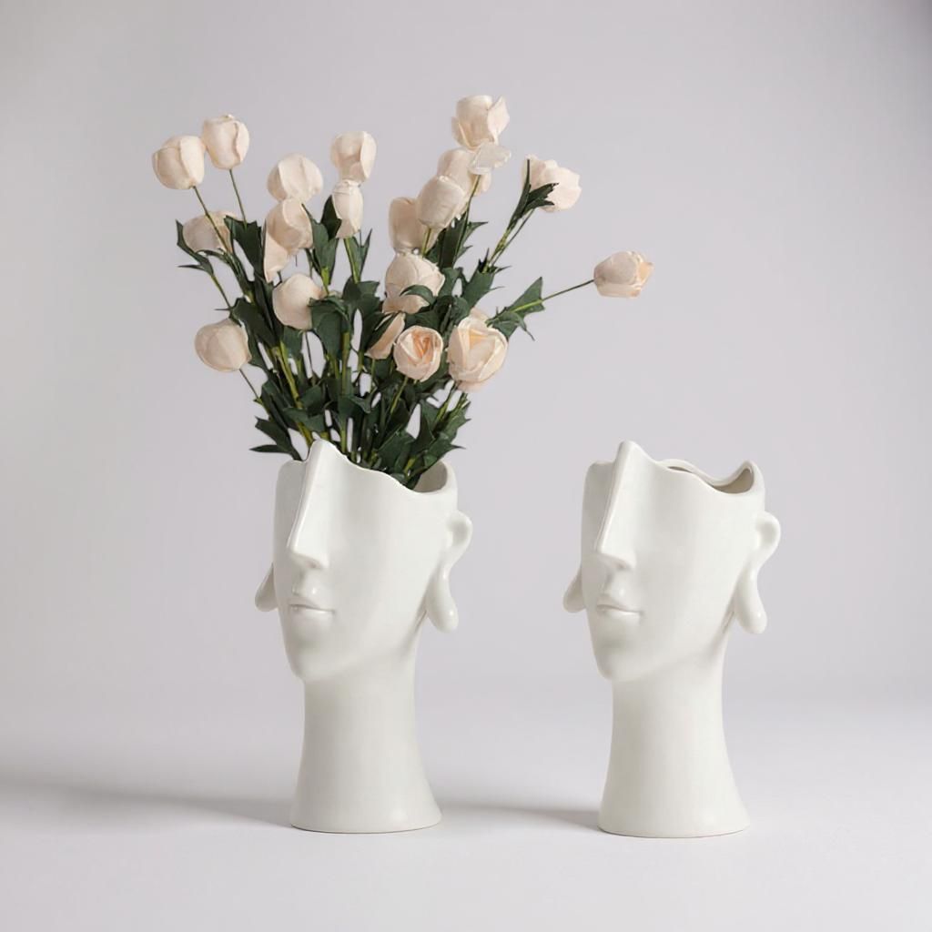 2 Stück Vase Keramik weiß, Gesicht Kopf Deko Blumenvase Tischvase