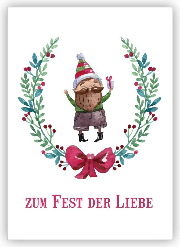4x Süße handgemalte Weihnachtskarte mit Weihnachtskranz und Geschenke Wichtel: Zum Fest der Liebe