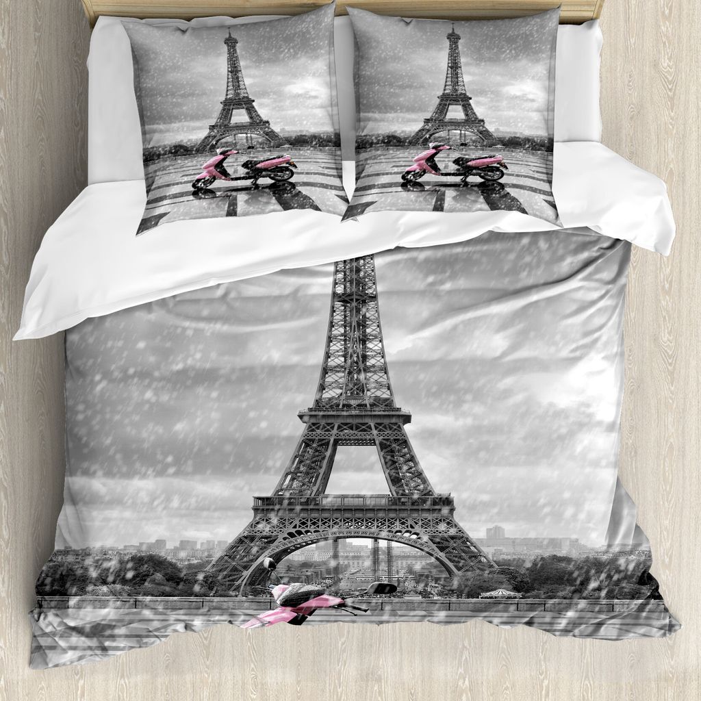 ABAKUHAUS Eiffelturm Bettbezug, Paris Szene Moped, Milbensicher Allergiker geeignet mit Kissenbezügen, 200 cm x 200 cm - 80 x 80 cm, grau Rosa