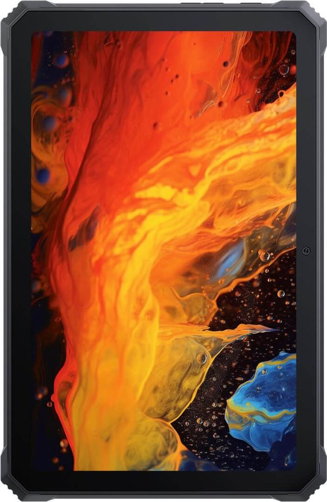A tablet device displaying a colorful abstract image on its screen, set against a dark background.