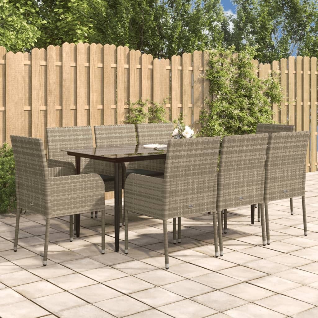 "Rabatt" 9-tlg. Garten-Essgruppe - mit tishe & Stuhl - mit Kissen Schwarz und Grau Poly Rattan - Lounge-Dining set CC7950