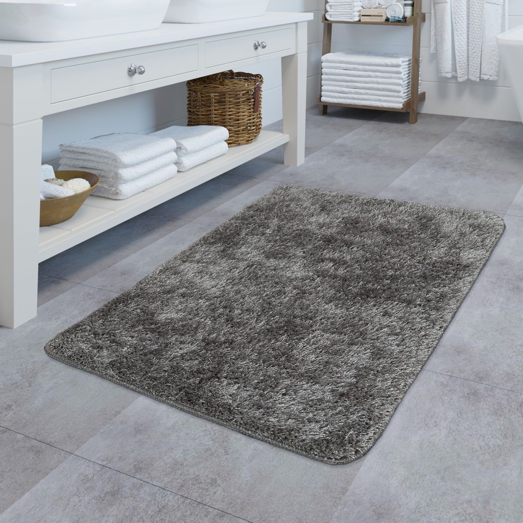Moderner Badezimmer Teppich Badvorleger Kariertes Muster Einfarbig In Grau 