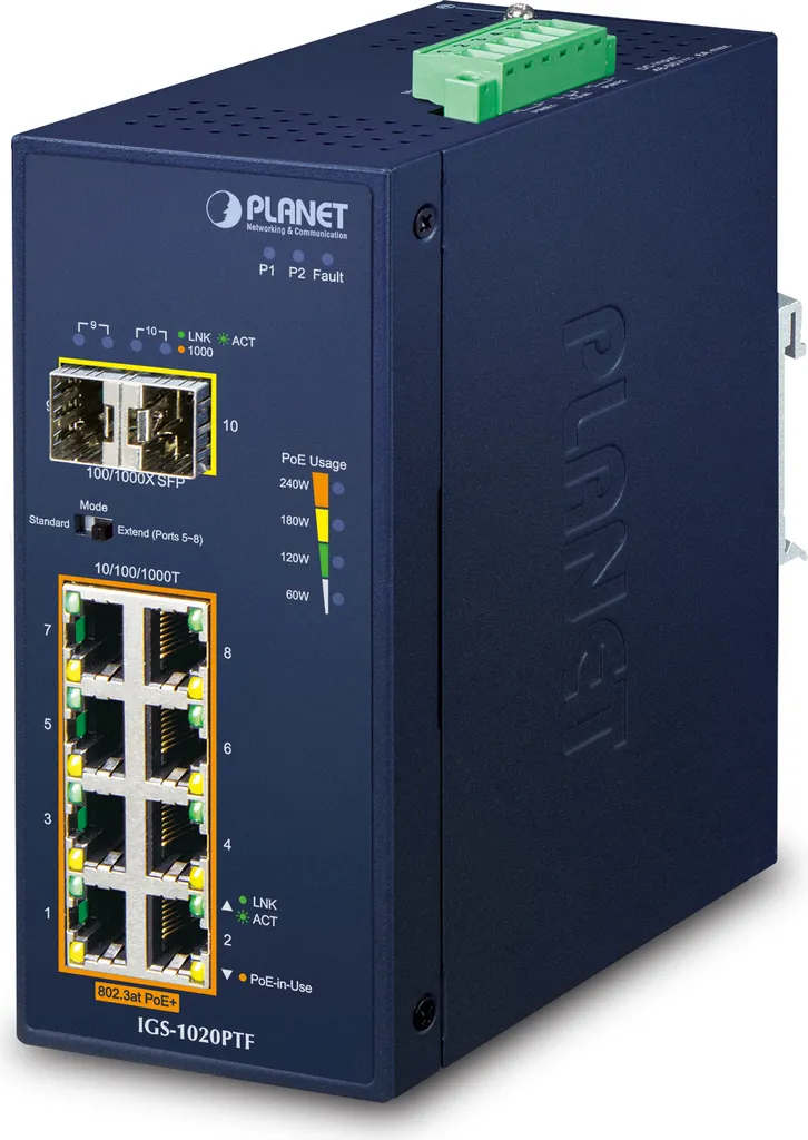 Switch industriel PoE+ 802.3at boîtier rail DIN avec double SFP