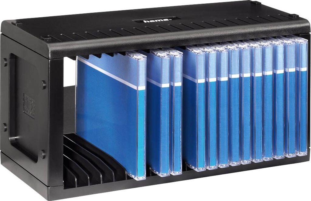 A black CD rack filled with blue CD cases.