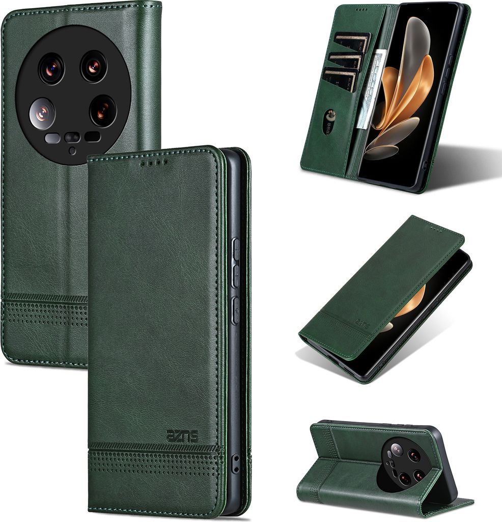 Leder Hülle für Xiaomi 14 Ultra, Klapphüllen Brieftasche Magnetverschluss Ständer Schutzhülle Grün