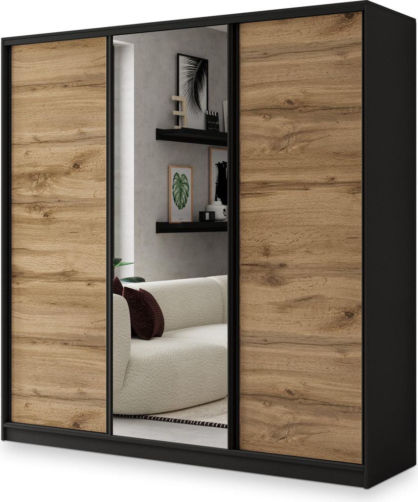 Masseno Schiebetürenschrank SORE 180/205/58 cm Kleiderschrank mit 4 Schubladen Schlafzimmer Schrank 3-türig mit Spiegel Schwarz / Eiche Wotan