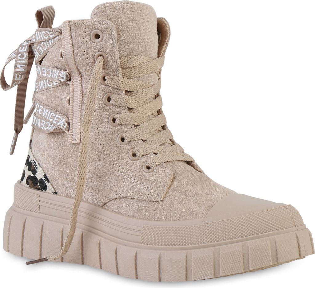 VAN HILL Damen Sneaker High Schnürer Prints Profil-Sohle Freizeit Schuhe 841579, Farbe: Khaki Leopard, Größe: 39