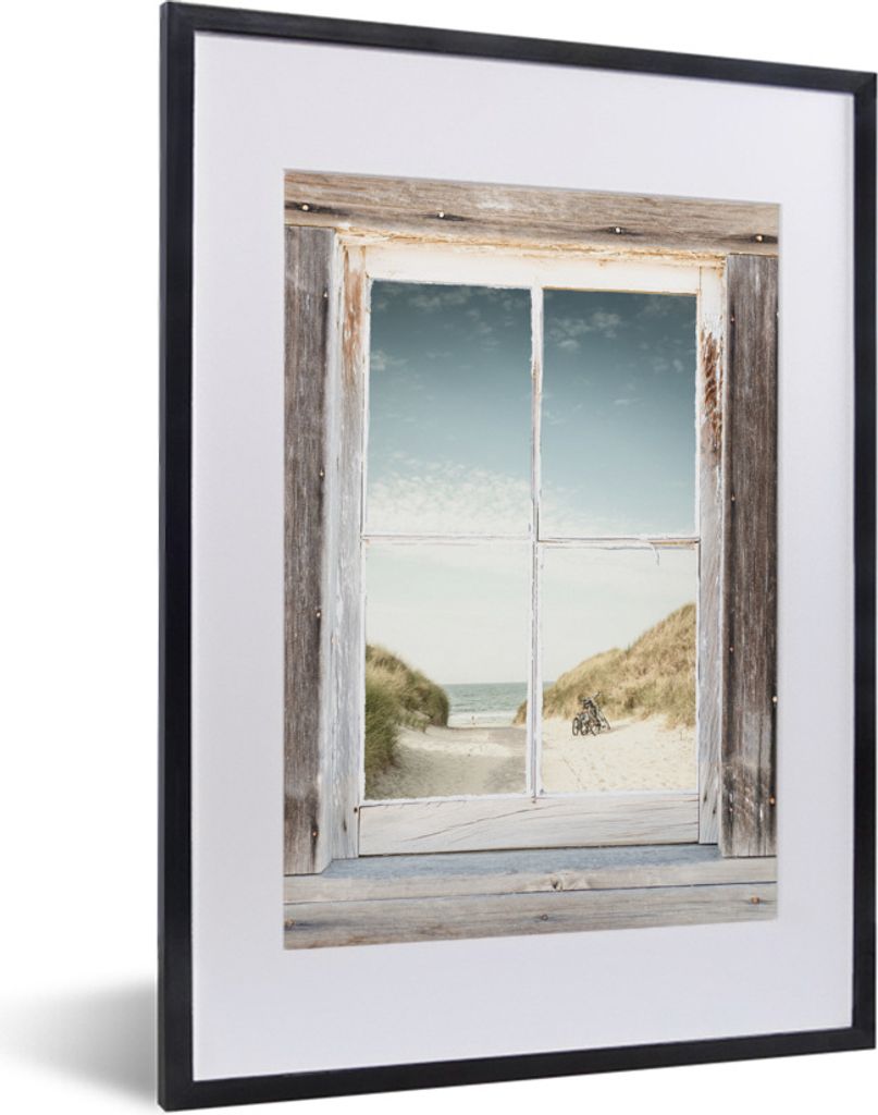 MuchoWow Gerahmtes Poster Aussicht - Strand - Fahrrad 30x40 cm - Poster mit Schwarzem Bilderrahmen Wandposter Rahmen Foto Bilder - Wandposter Sch...