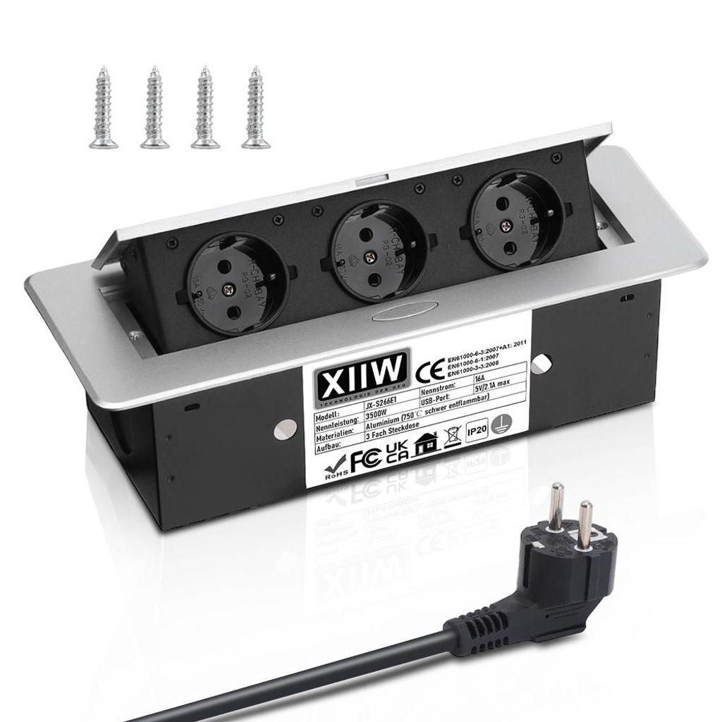 Aluminium Versenkbare Einbausteckdose, 3500W/16A/230V, 3 Fach Tischplatte Versenkte , Tischsteckdose Steckdosenleiste mit 1.8M Kabel, Silber