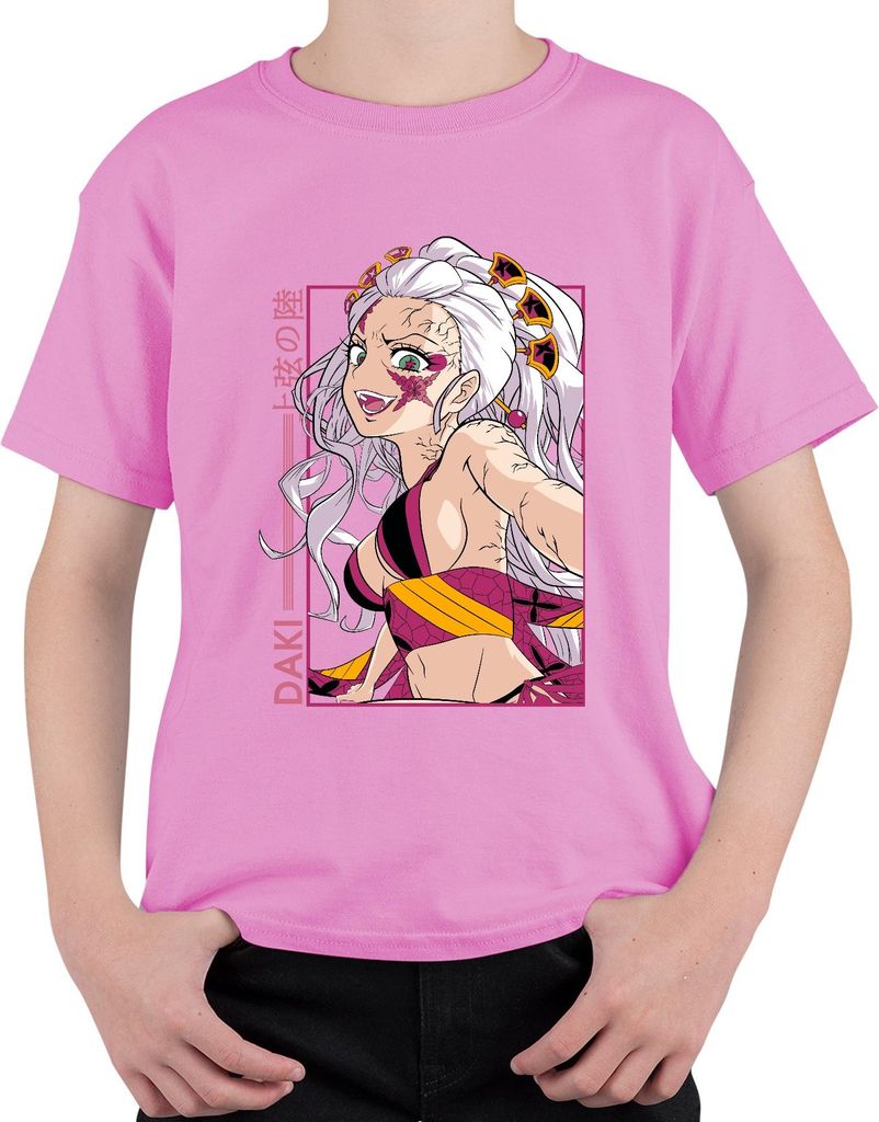 Daki Dämonen Anime weißes Haar Blumenmaske düster Geschenk Japan Y2K Streetwear Uni Kinder T-Shirt, Pink, 152