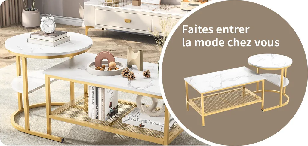 Tavolino Marmo Bianco e Oro - Design Moderno Elegante per Salotto - 10