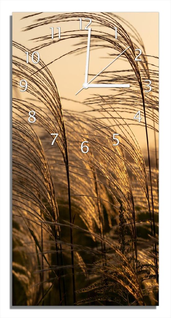 Wallario Design Wanduhr Schilf im Wind aus Echtglas, Größe 30 x 60 cm