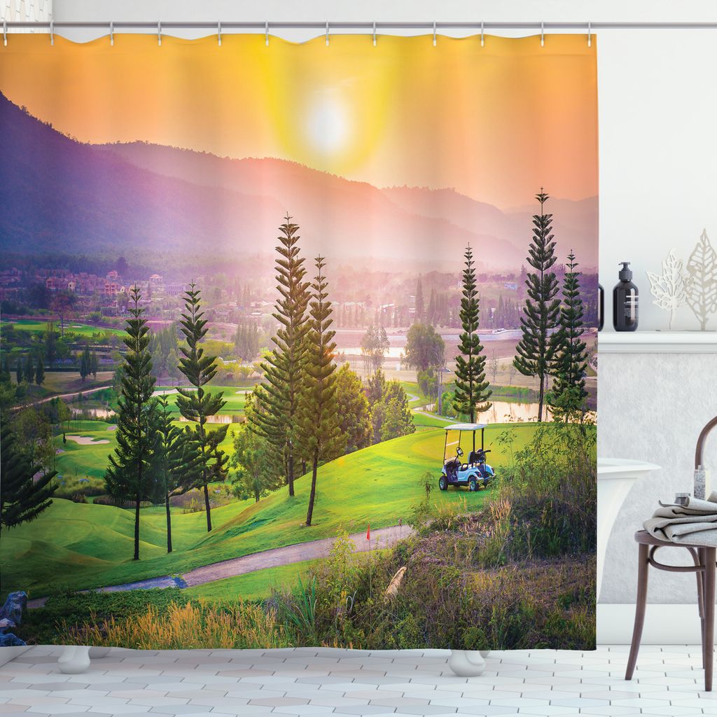 ABAKUHAUS Natur Duschvorhang, Golf Frühling Sonnenuntergang, Bakterie Schimmel Resistent inkl. 12 Haken Waschbar Stielvoller Digitaldruck, 175 x 1...