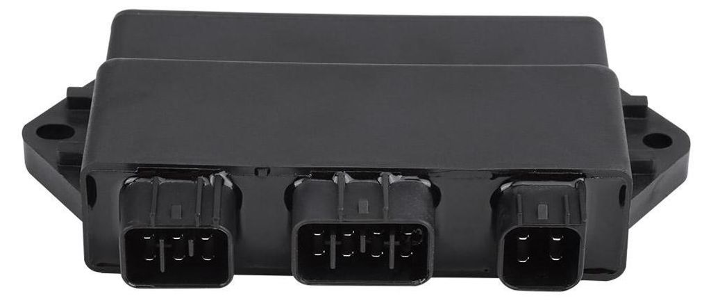 A black electronic control unit with three connectors.