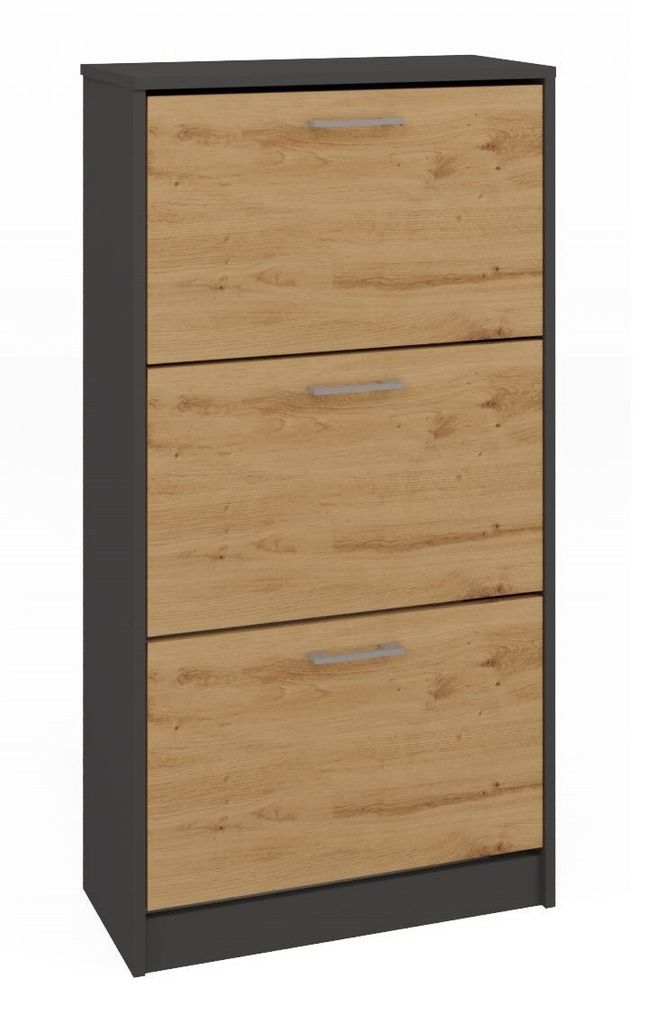 A product image of a tall, narrow shoe cabinet.