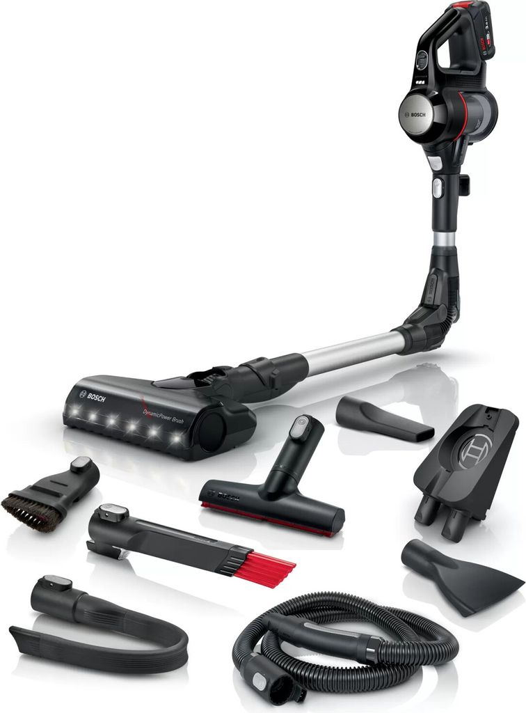 A Bosch cordless vacuum cleaner with various attachments displayed against a white background.