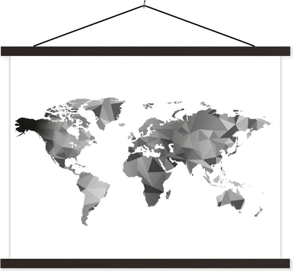 MuchoWow Textilposter Weltkarte - Dreieck - Grau 120x90 cm mit schwarzem Rahmen - Aufhänger für Poster