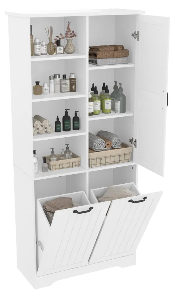 Armoire de Bain Laquée Blanche à Étagères Réglables et Double Bac Linge