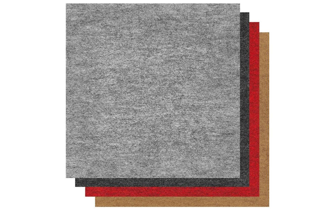 Selbstklebende Filzfliese Anthrazit. Farbmuster in Grau, Rot und Beige.