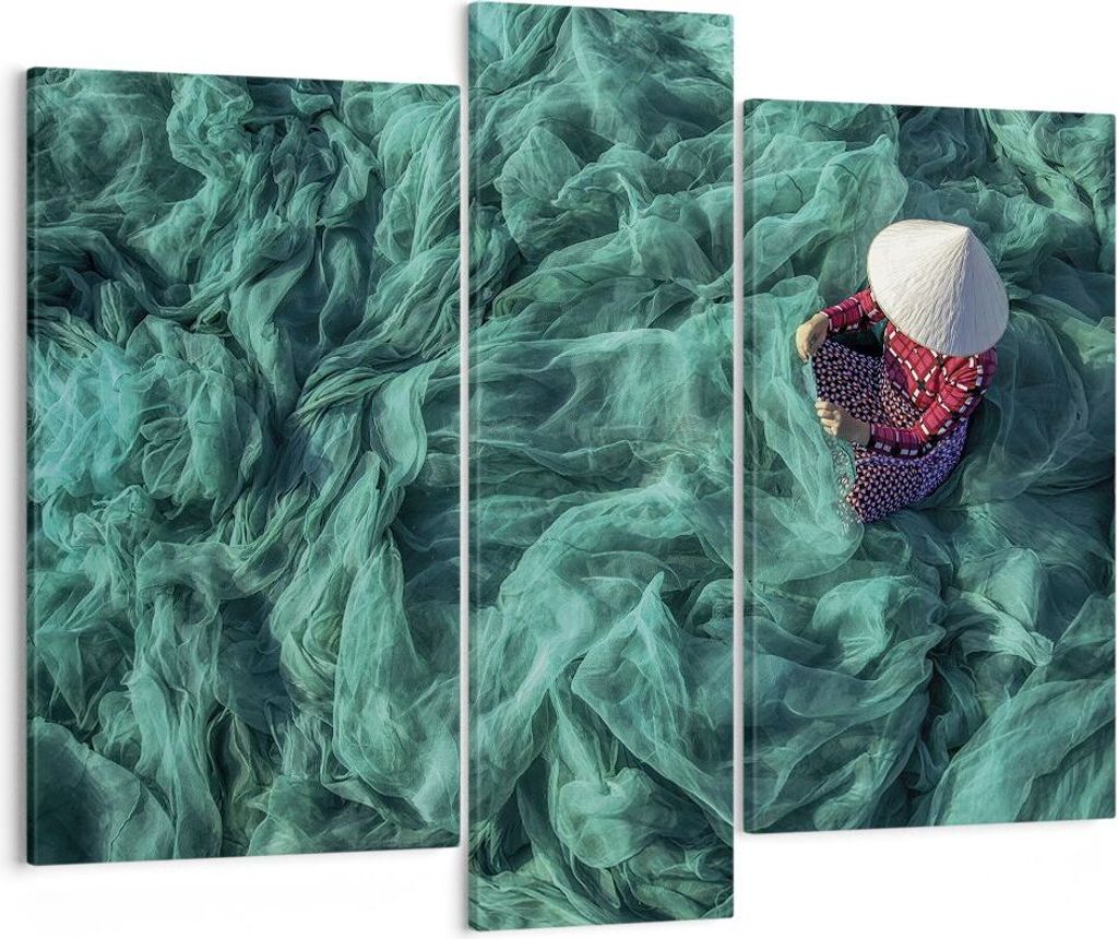 Bild auf Leinwand - Leinwandbild - 3 Teile - Netzwerk Fischer Vietnam - 95x80cm - Wand Bild - Wanddeko - Wandbilder - Leinwanddruck - Bilder - Wand...