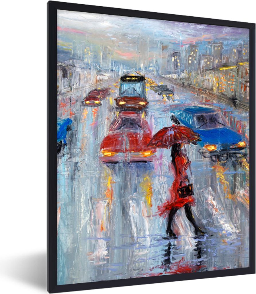 MuchoWow Gerahmtes Poster Gemälde - Öl - Auto - Zebrastreifen 30x40 cm - Poster mit Schwarzem Bilderrahmen Wandposter Rahmen Foto Bilder - Wand...