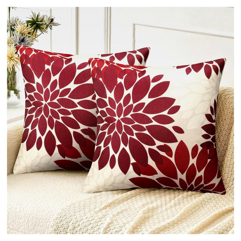 Sofakissenbezüge 50x50 cm Rot Weiß Leinen Abstrakt Dahlie Blume Outdoor Kissen für Wohnzimmer Schlafzimmer Garten Sofa Couch Deko 2er Set
