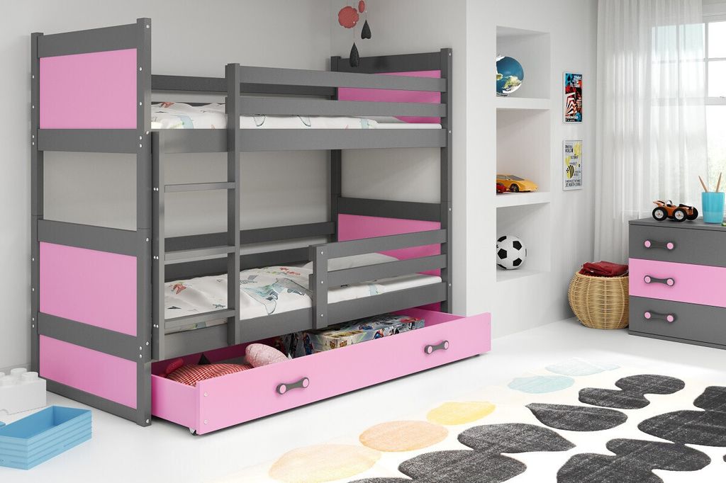 Kinderhochbett mit Stauraum und Matratzen 80x160 FERGUS – Graphit / Rosa