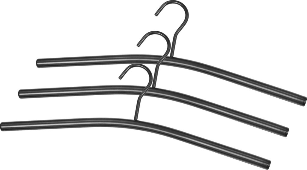 Three black metal hangers are arranged diagonally on a white background.