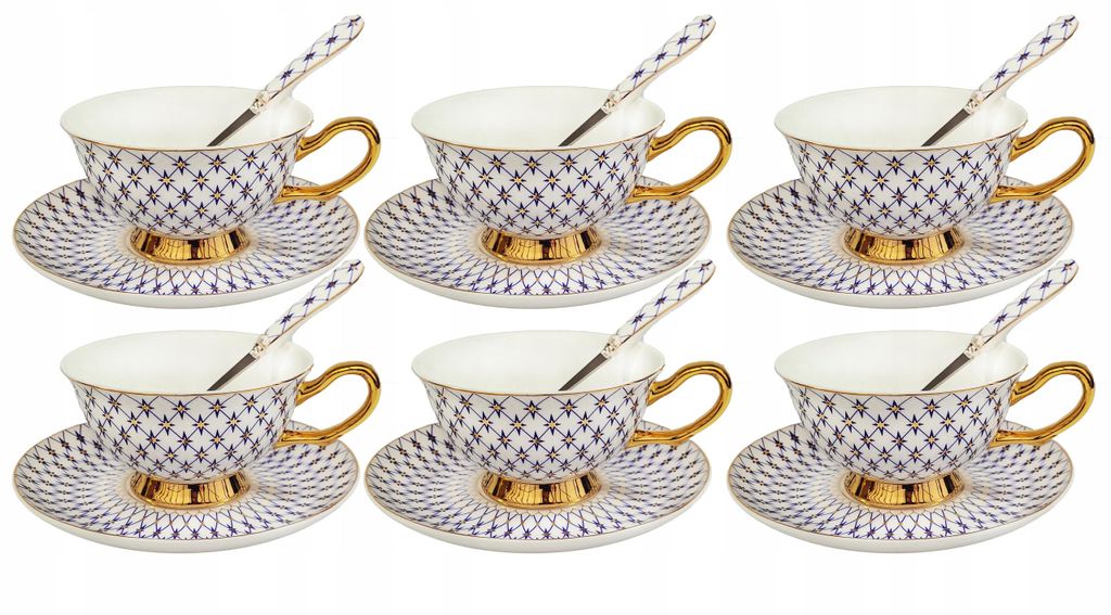 Porzellan Tassen Set 18 tlg Blau Gold mit Untertassen und Löffeln 220 ml Kaffee Teetassen Elegant Geschenkbox