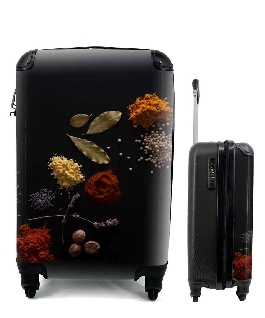 MuchoWow Koffer Handgepäck Trolley Rollkoffer Kleine Reisekoffer mit 4 Rollen - Kräuter - Schwarz - Gewürze - Küche - Kochen - Cabin Size < 5...
