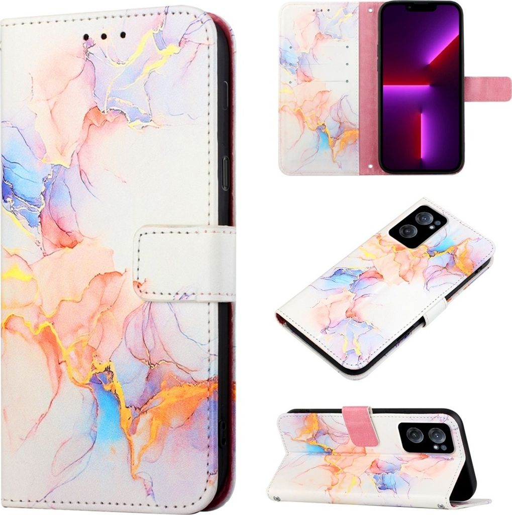 OnePlus Nord CE 2 5G Hülle, Marmor Motiv Kunstleder Tasche Wallet Kartenfächer mit Standfunktion Klapp Schutzhülle für OnePlus Nord CE 2 5G Bunt