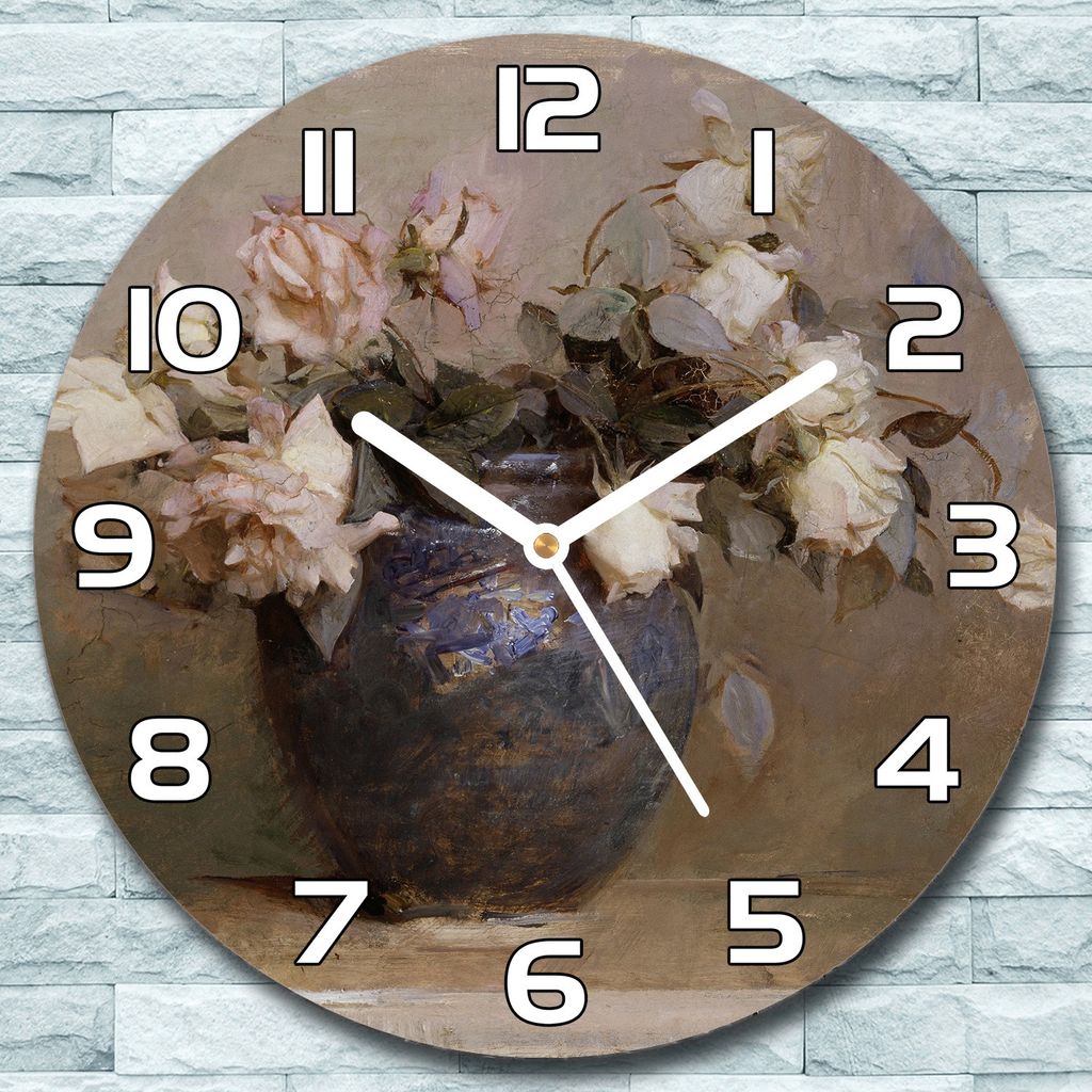 Wanduhr aus Glas Rund fi 30 Rosen in der Vase Quarz Deko Schlafzimmer Büro