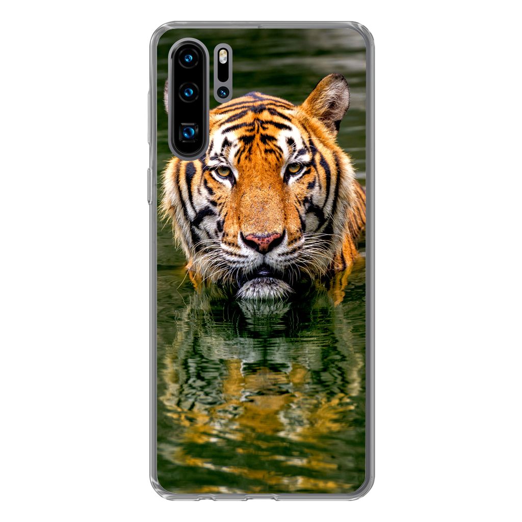 MuchoWow Handyhülle Schutzhülle Hülle für Huawei P30 Pro Tiger - Wasser - Spiegelung Silikon Softcase Handy Hülle - Schutzdeckel