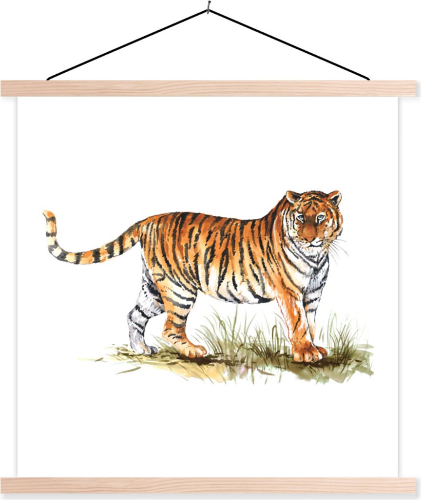 MuchoWow Textilposter Tiger - Malerei - Gras 40x40 cm mit holzfarbenen Rahmen - Posterleiste