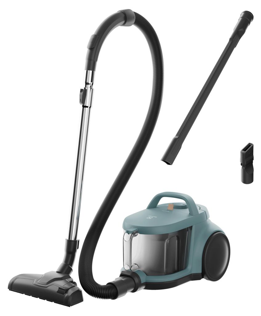 A teal bagless vacuum cleaner with its accessories, including a hose, wand, and floor head, displayed against a white background.