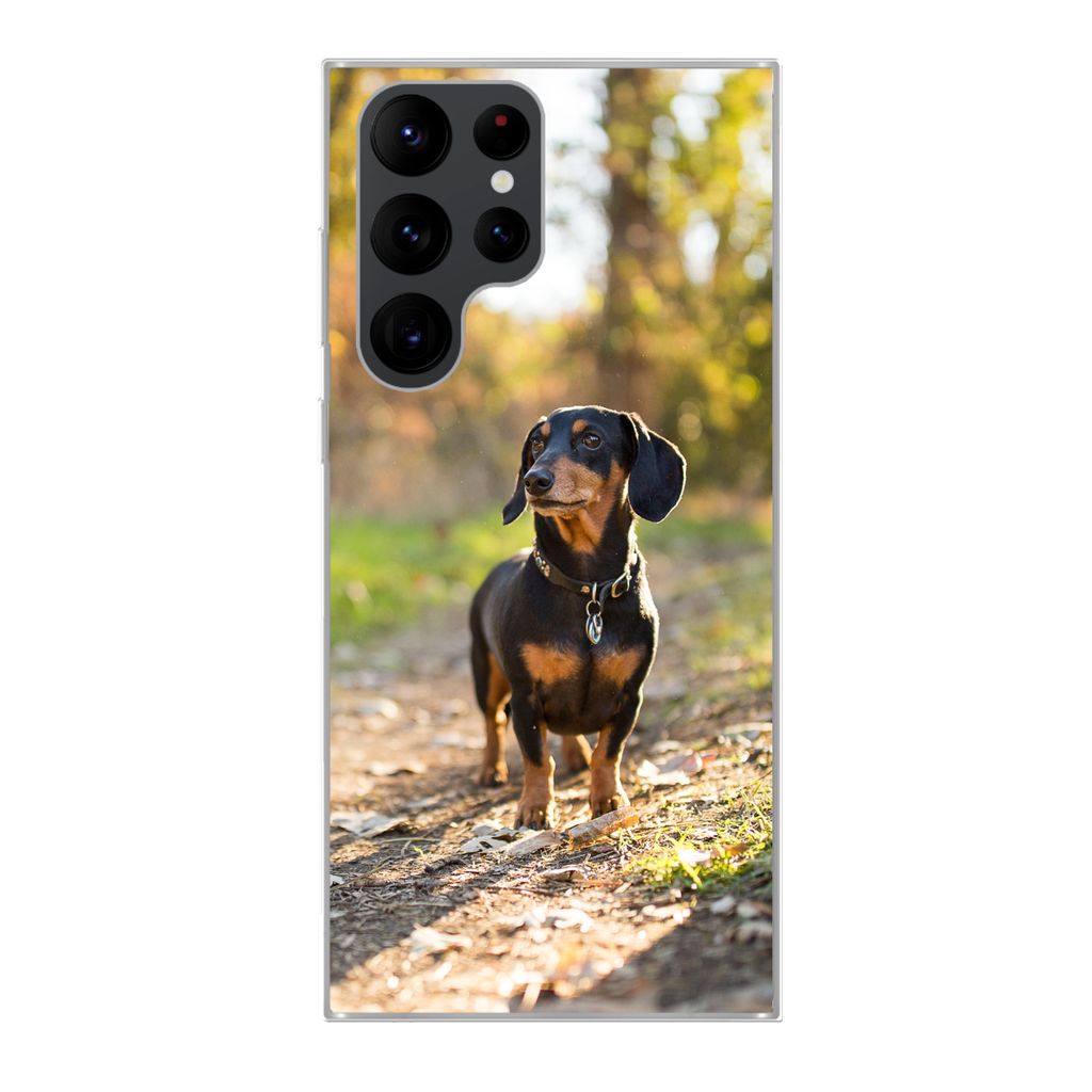 MuchoWow Handyhülle Schutzhülle Hülle für Samsung Galaxy S22 Ultra Ein schöner Dackel im Wald Silikon Softcase Handy Hülle - Abbildung