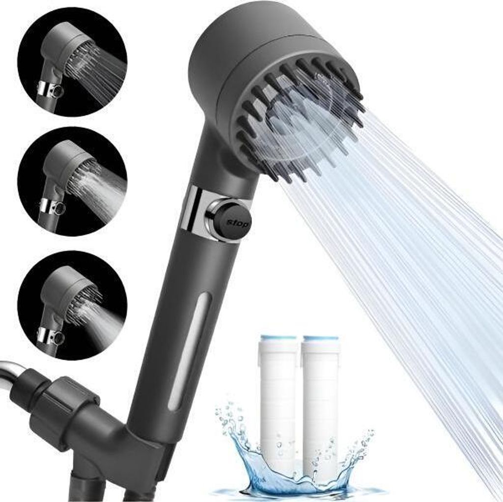 A multifunctional shower head with multiple spray settings and PP filters, presented against a white background with water splashes.