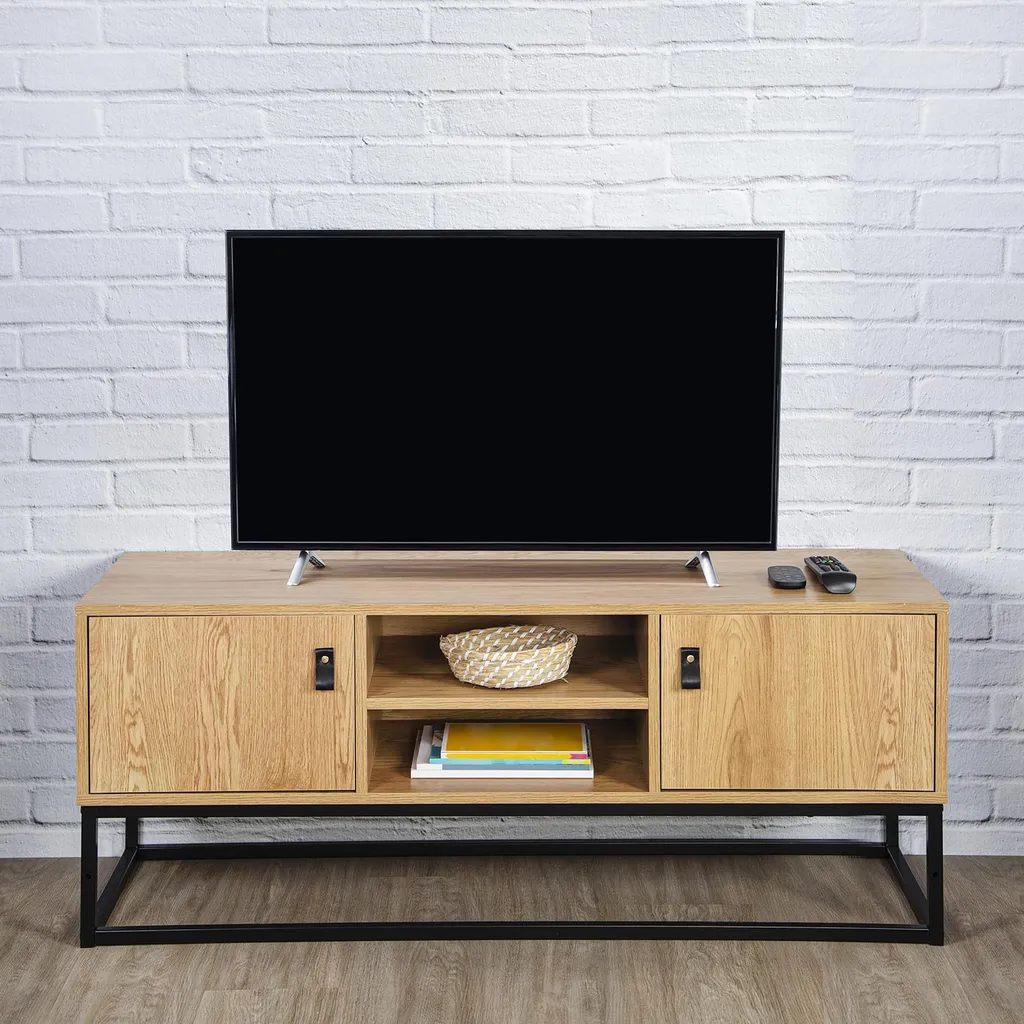 Meuble TV en bois brut et métal noir Abbott avec rangements intégrés