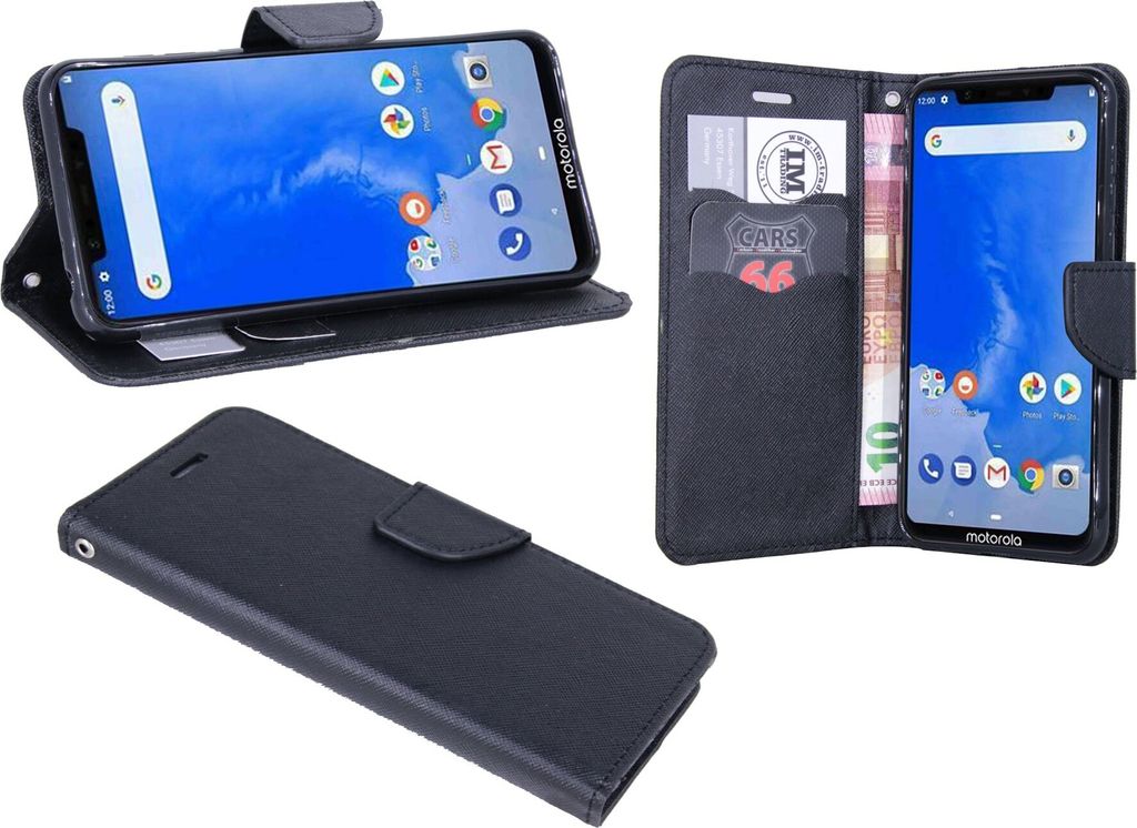 Elegante Buchtasche für Das Motorola One Tasche Flip Case Aufklappbar Schutzhülle in Schwarz