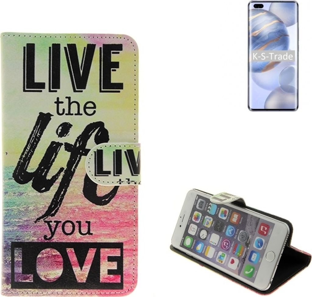 K-S-Trade Schutzhülle Handyhülle kompatibel mit Huawei Honor 30 Pro+ 360° Wallet Case ''live life love'' Klapphülle Tasche Etui Smartphone Flip