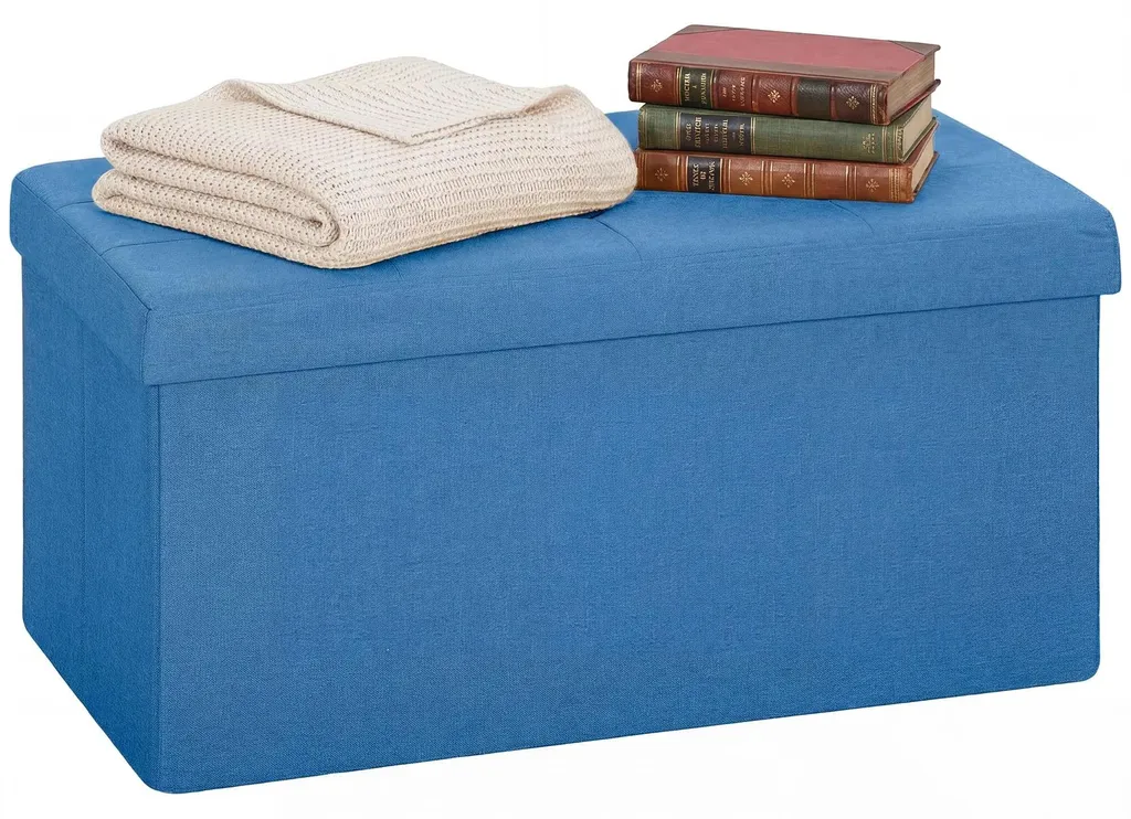 Banc de rangement pliable 84L en tissu aspect lin bleu 76x38x38 cm