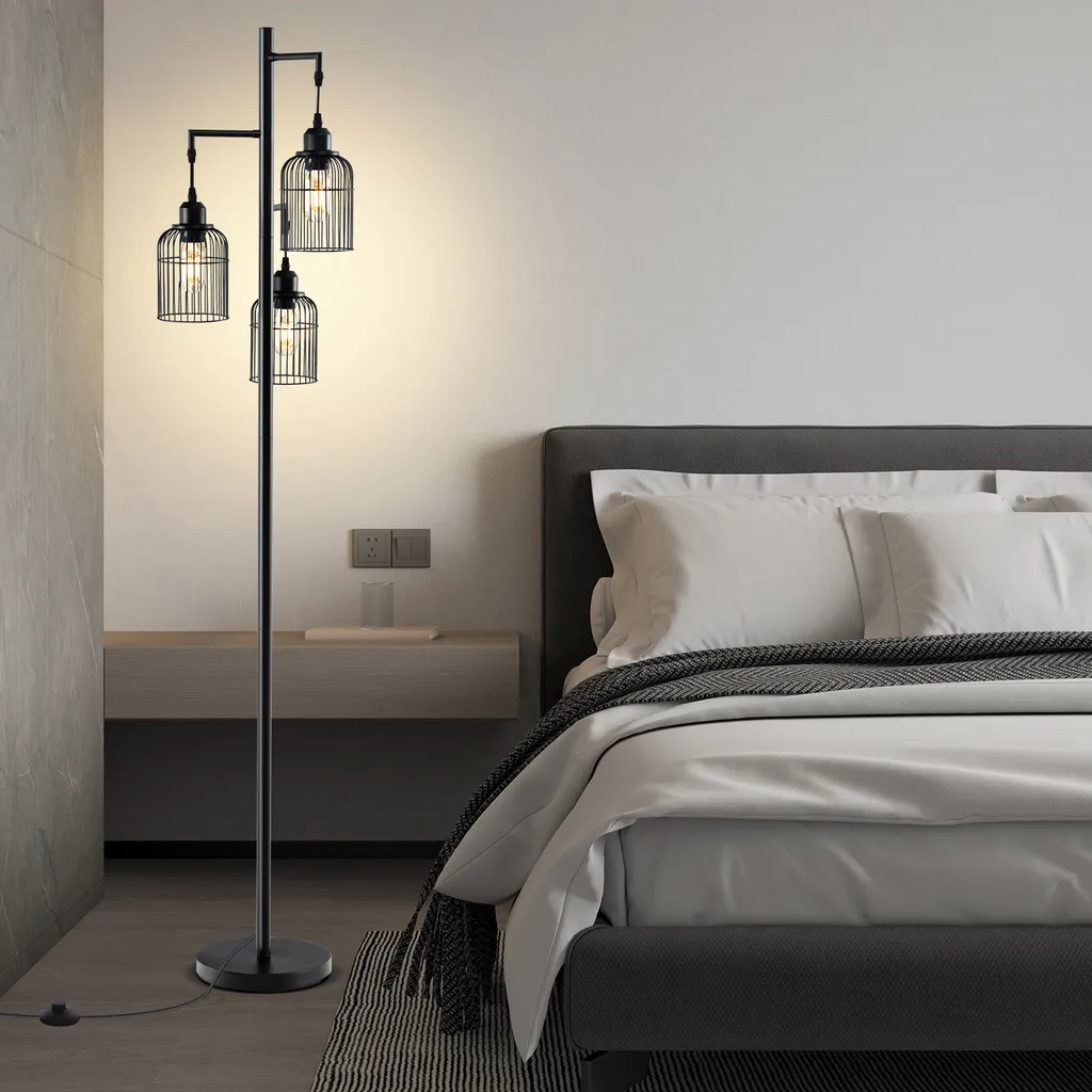 COSTWAY Lampada da Terra 169cm Moderna 3 Luci Nera | Design Industriale - 2