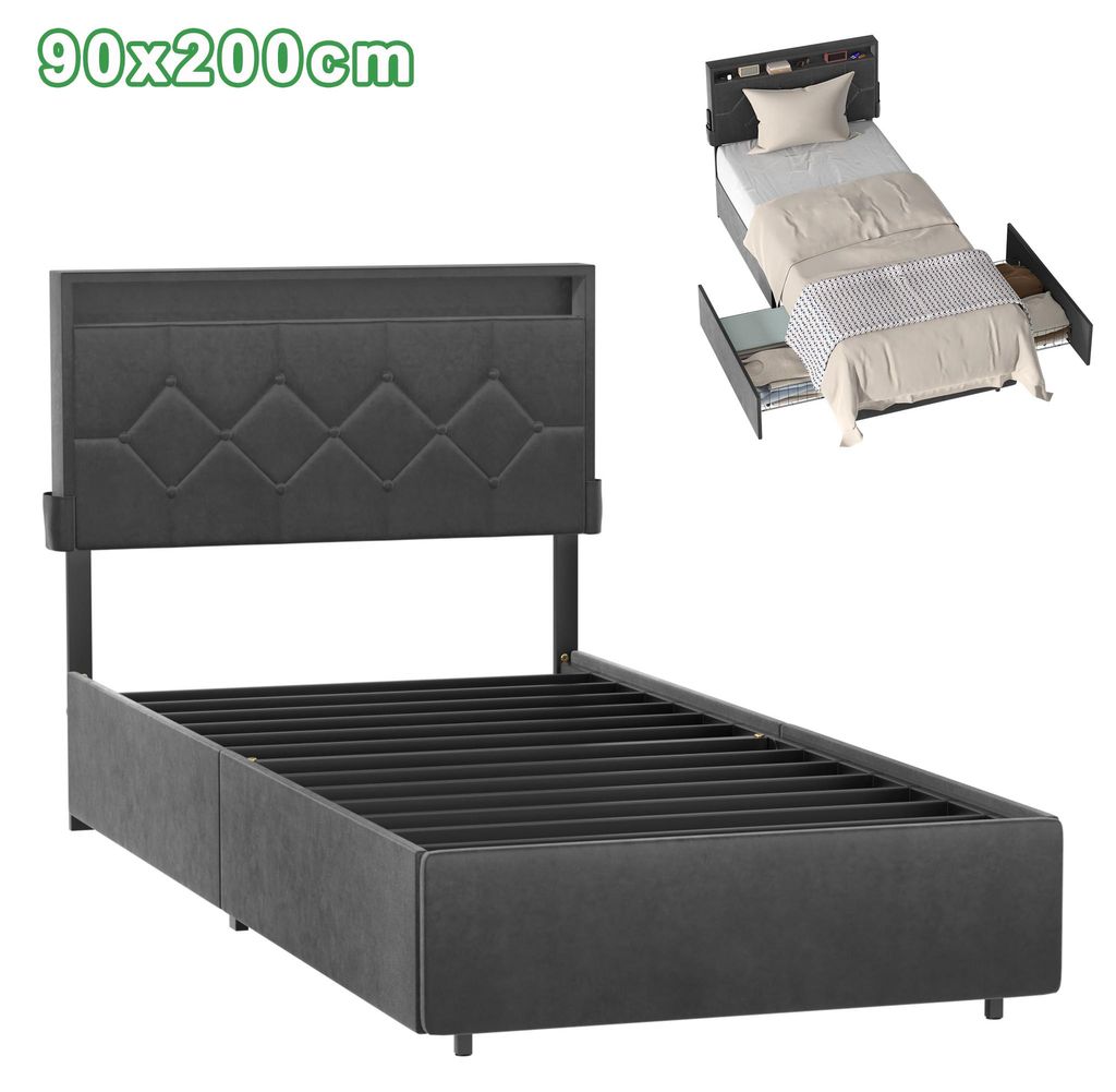 JOIEYOU Modernes Polsterbett mit 2 Schubladen & Kopfteil, Bettgestell 90x200 cm, Stauraumbett Schlafzimmer, Bett mit Stauraum Dunkelgrau